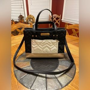 Betsey Johnson black, white & tan quilted heart patterned satchel handbag purse